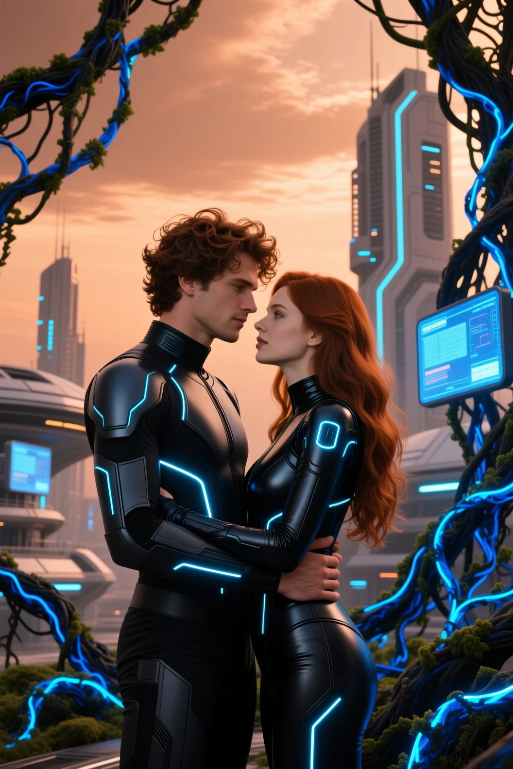 Couple futuriste s’embrassant au cœur d’un paysage urbain bio sci‑fi lumineux