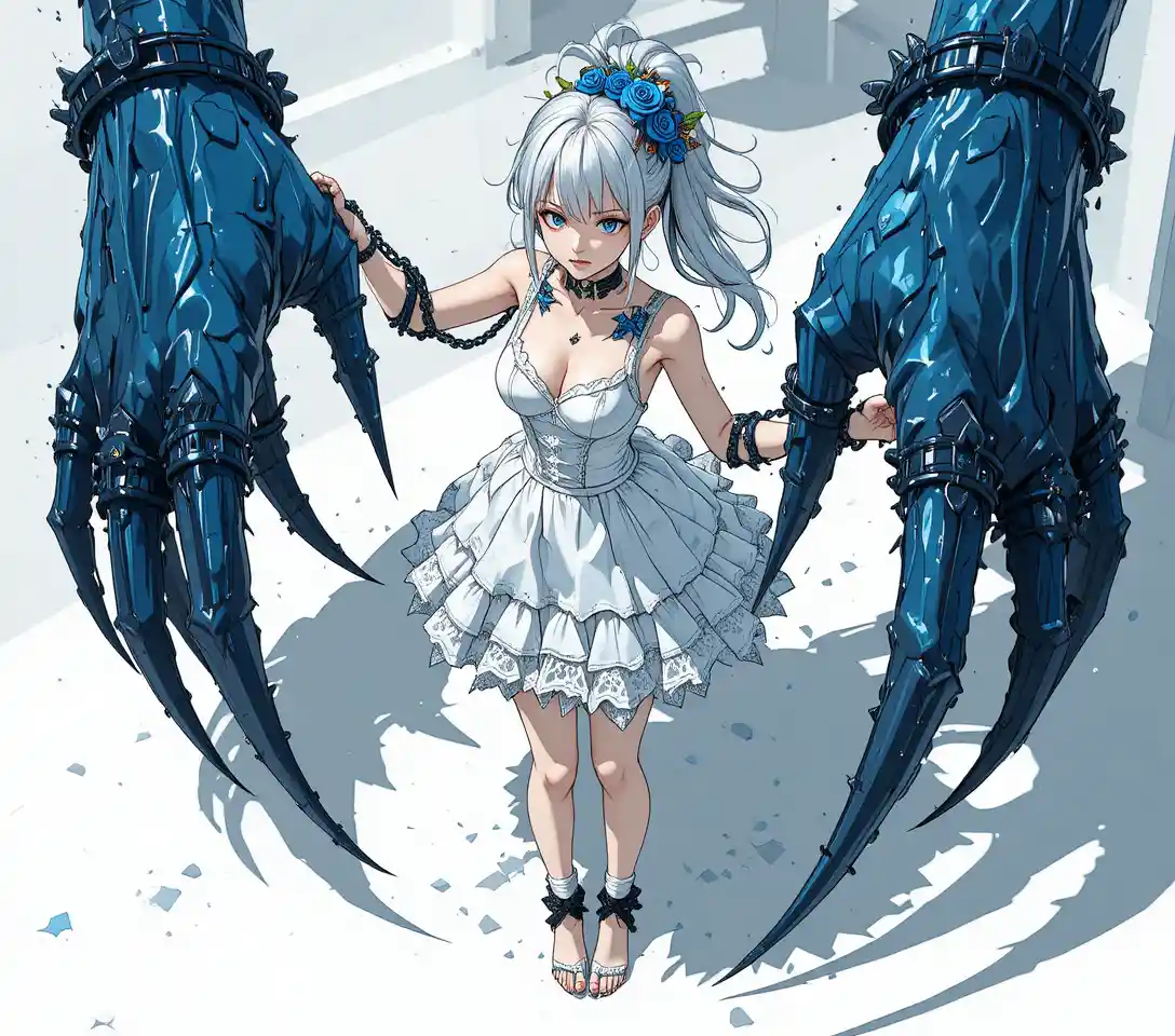 Anime girl with giant demonic claws in gothic lace dress