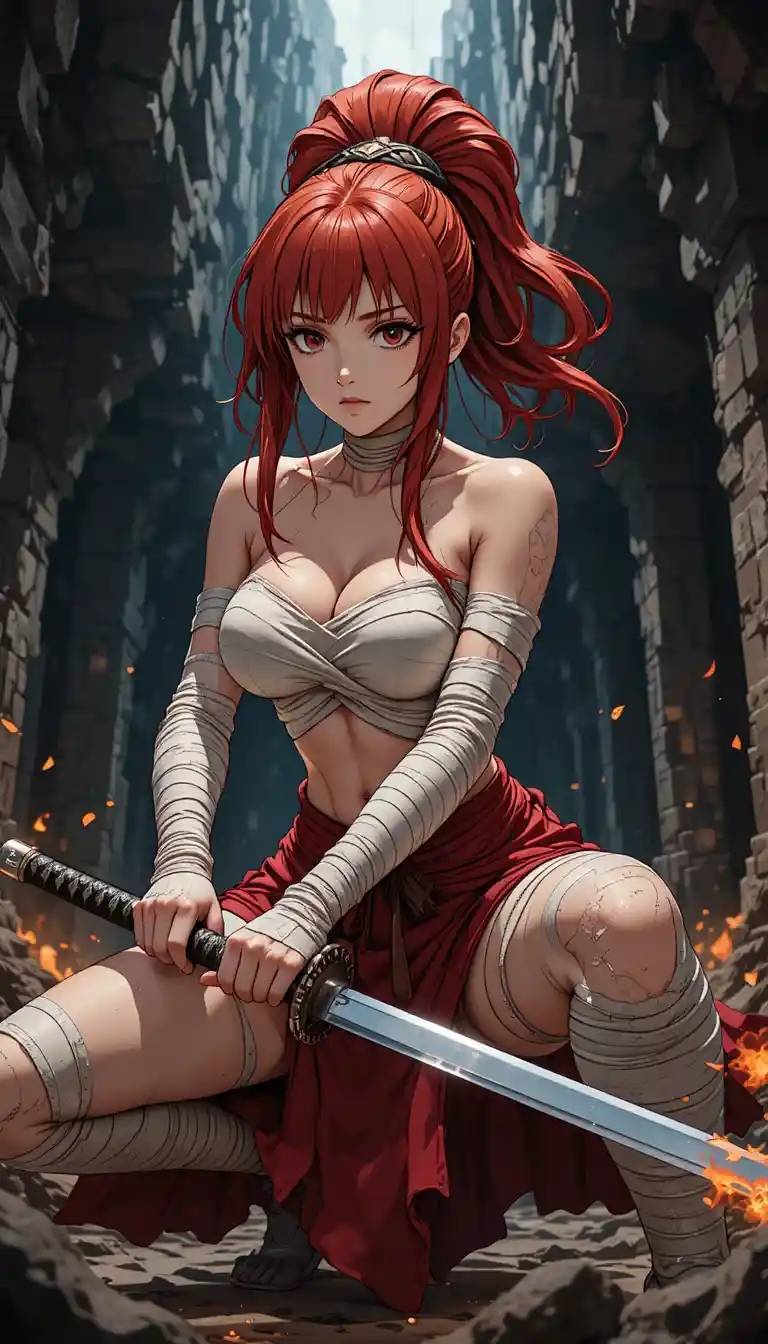 Guerrera de anime agachada en ruinas con katana en llamas