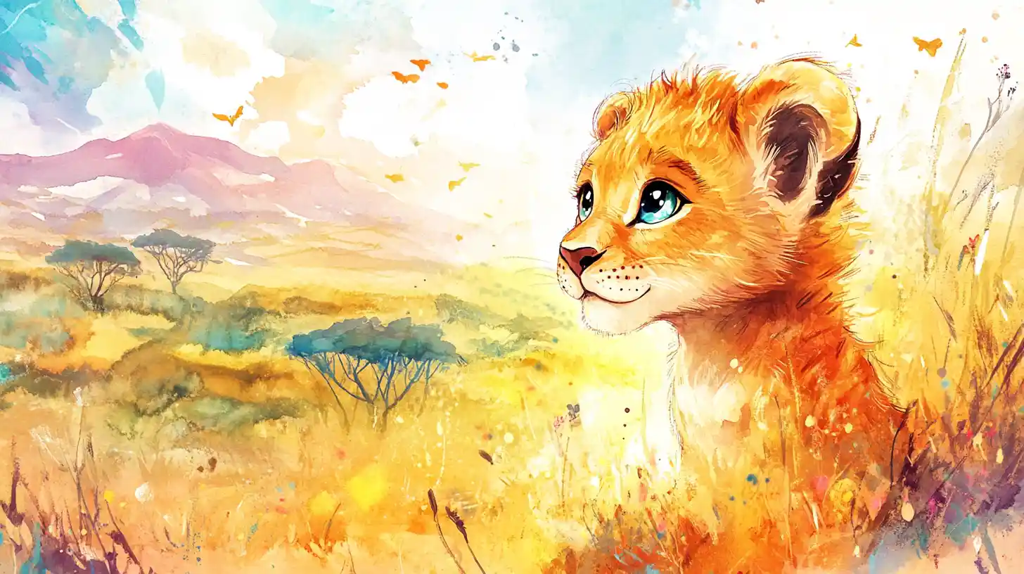 Watercolor portrait of a chibi lion cub and savanna
