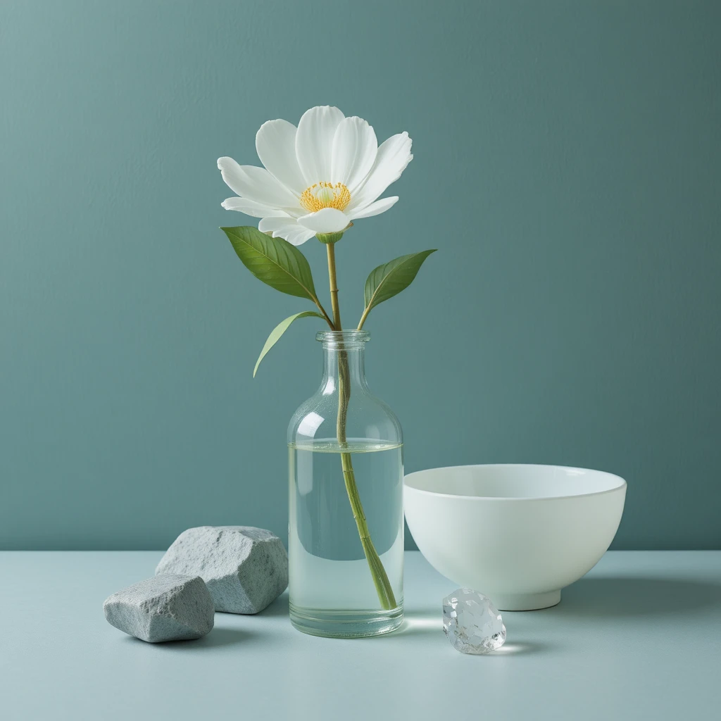 Translucent White Flower Still Life On Teal Gray Table