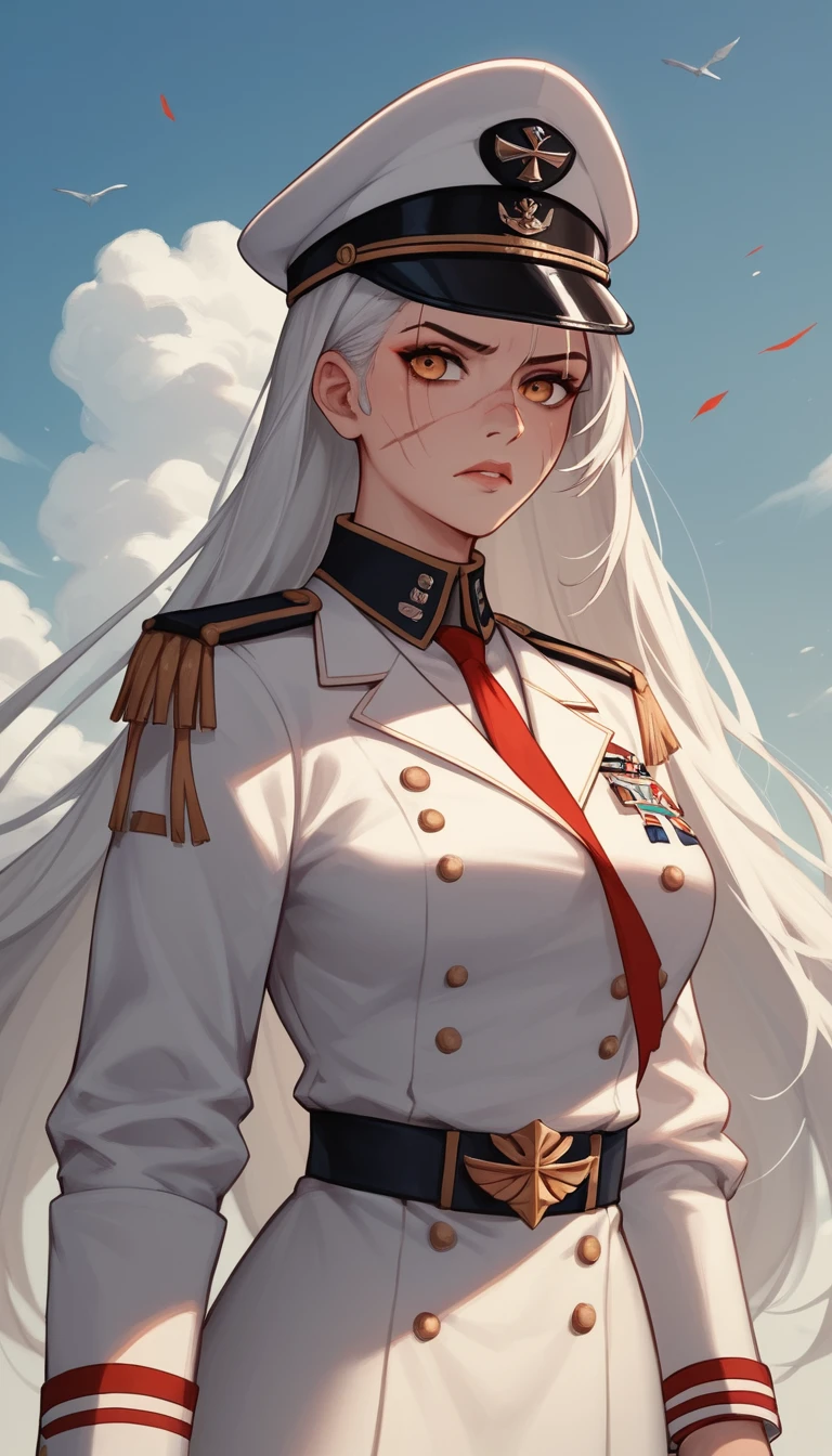 Scarred warrior woman in white cap at naval shipyard