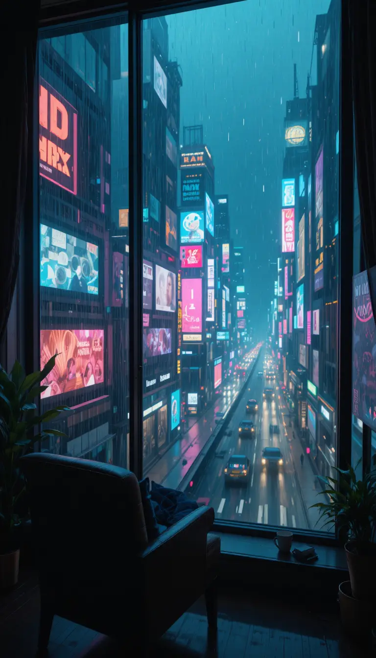 Vista piovosa sulla città da una finestra di un accogliente appartamento cyberpunk