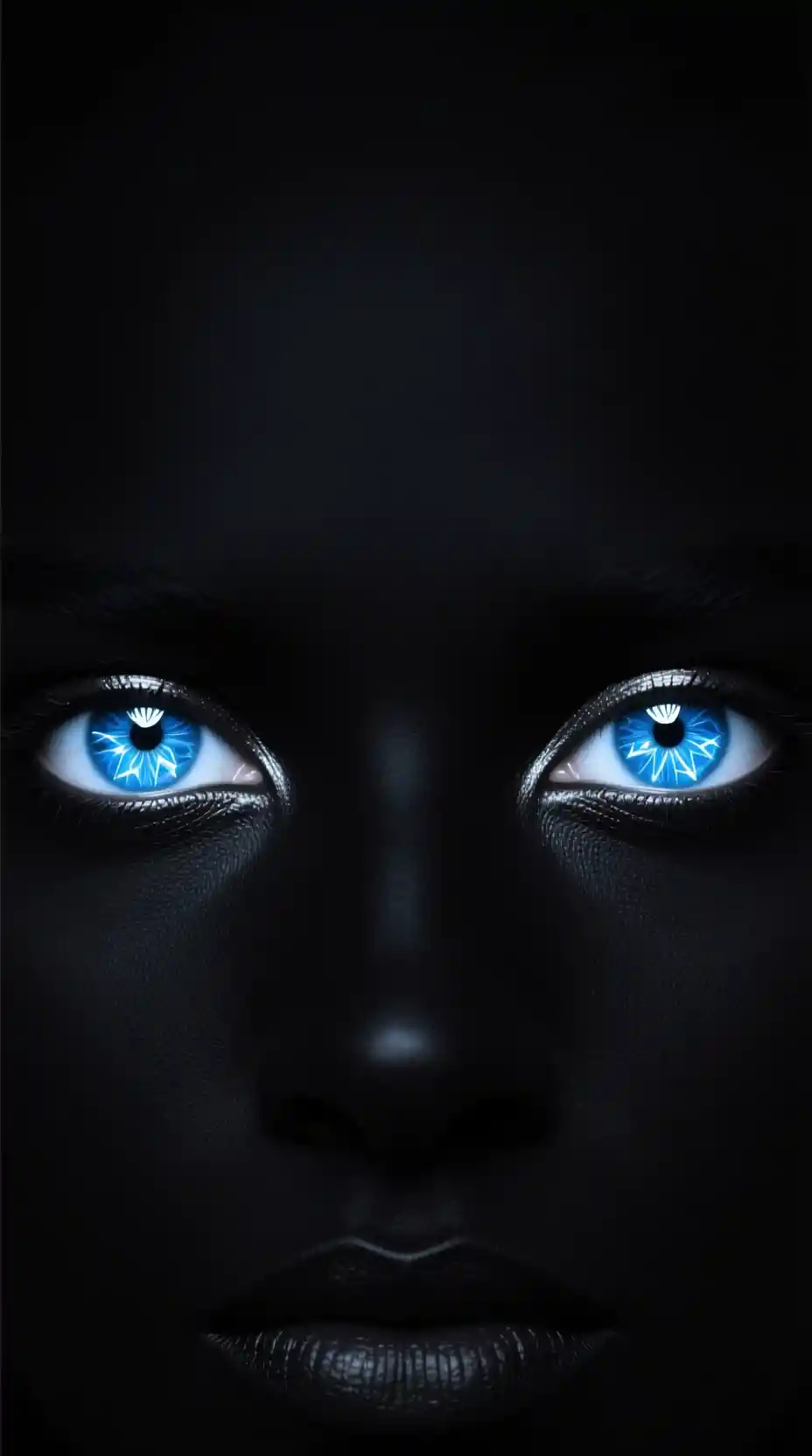 Glowing crystal blue eyes emerging from pure black void