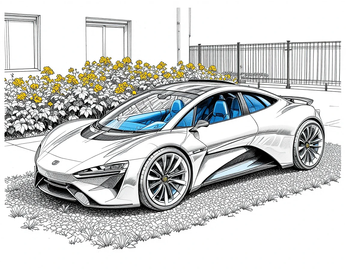 Carro futurista prateado com teto solar estacionado em cascalho