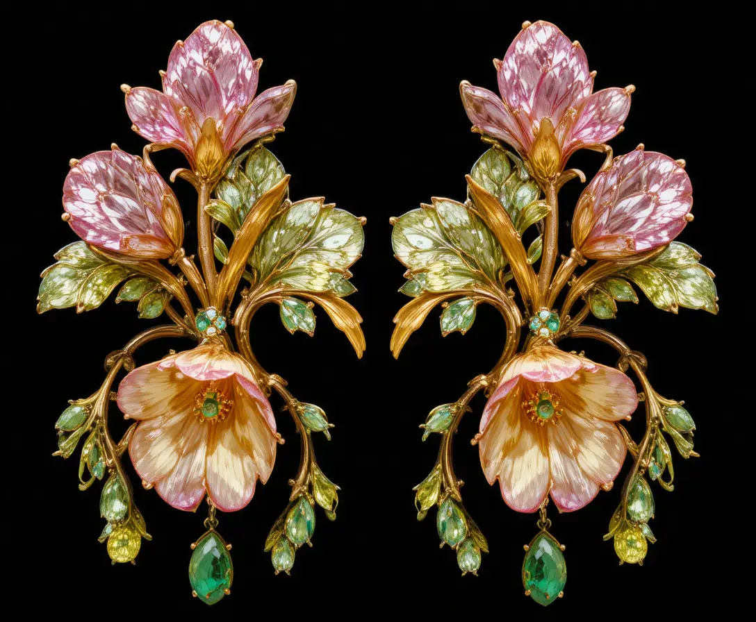 Gold floral gemstone earring on black background