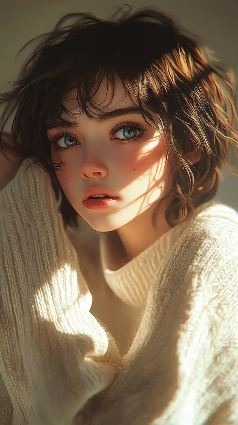 Pensive girl in oversized sweater in dramatic sunlight