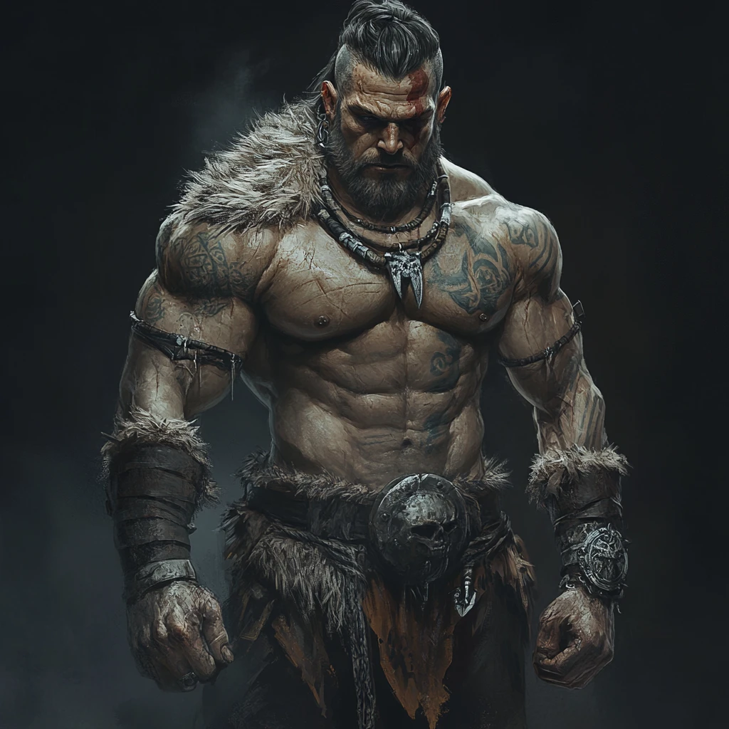 Goliath barbare dark fantasy avec tatouages tribaux et massue