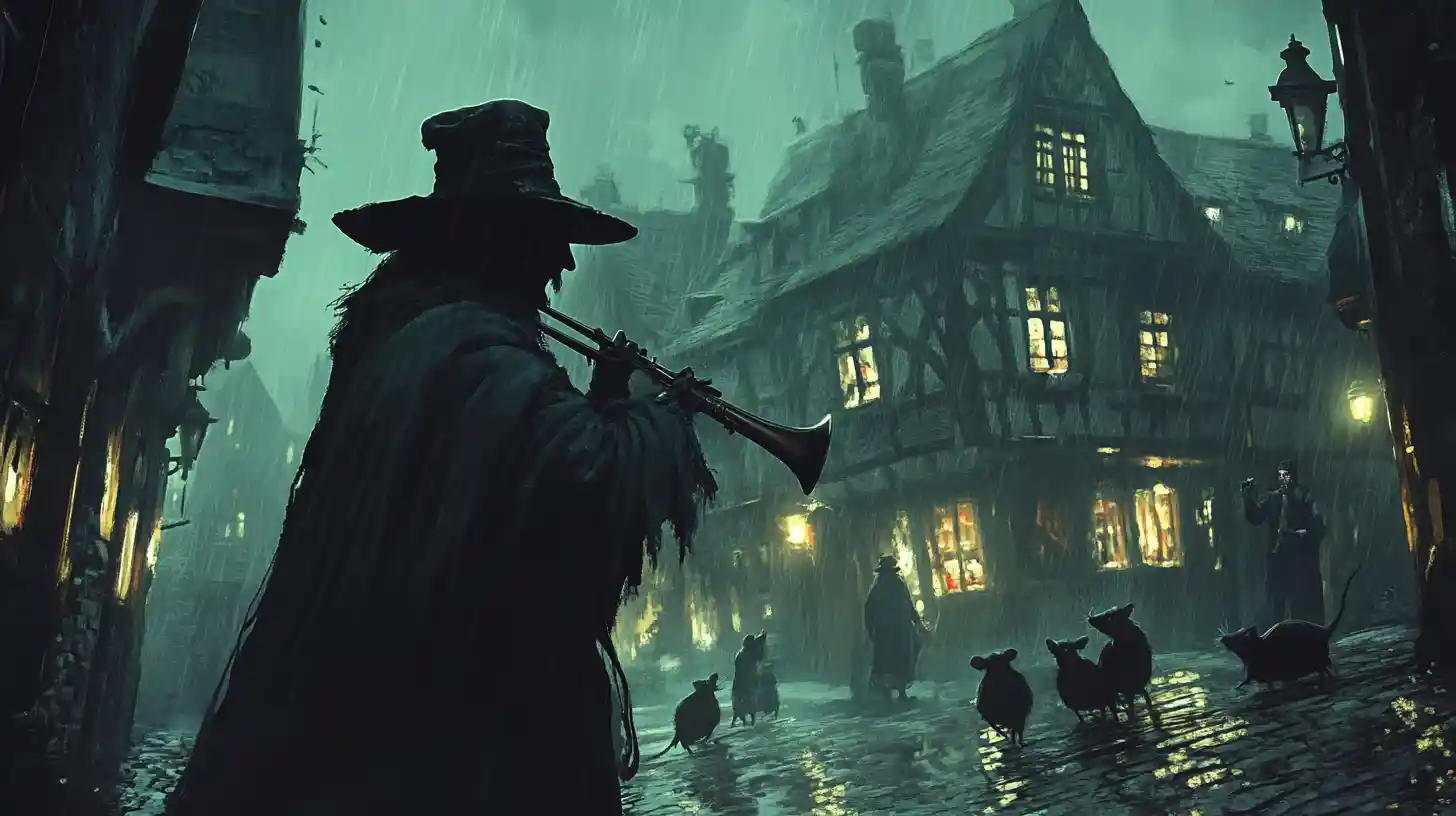 Dark flute player leading rats through foggy medieval street