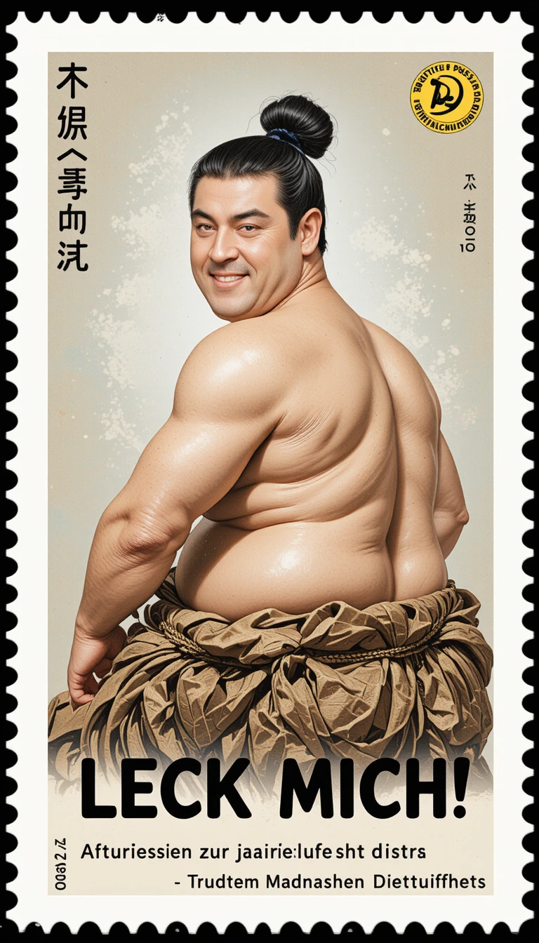 Sello alemán satírico con luchador de sumo en pose descarada