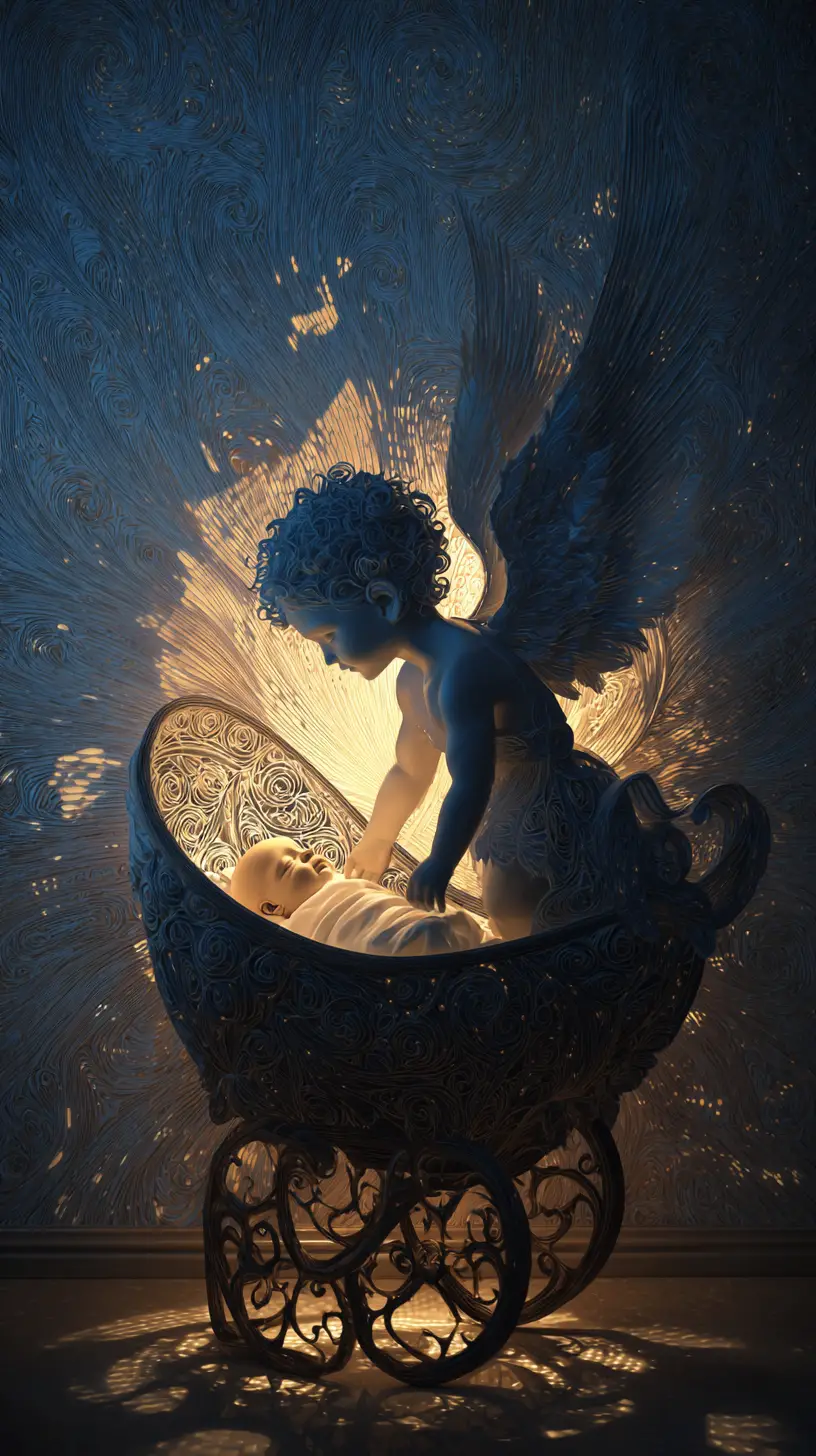 Guardian angel watching over a sleeping baby in fantasy glow
