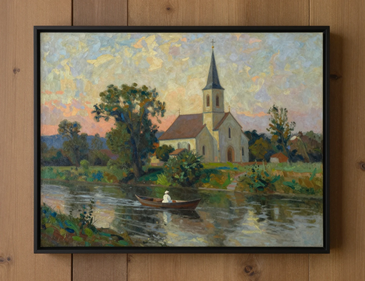 Chiesa sul fiume con barca al caldo crepuscolo in stile impressionista