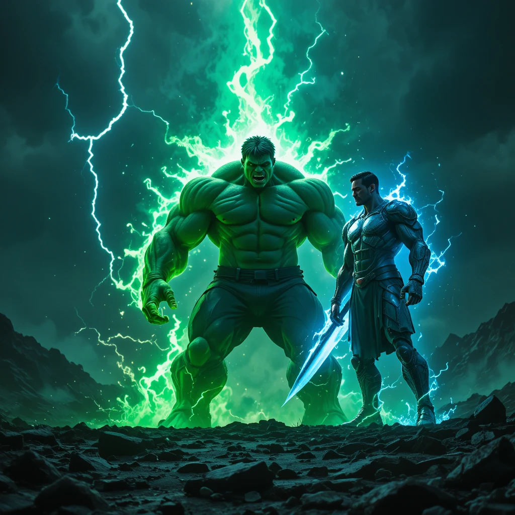 Raging green titan on an apocalyptic battlefield