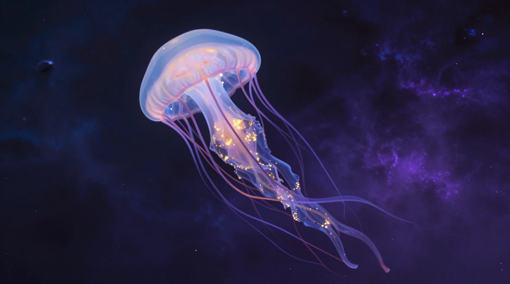 Biolumineszierende Qualle im kosmischen Nebel