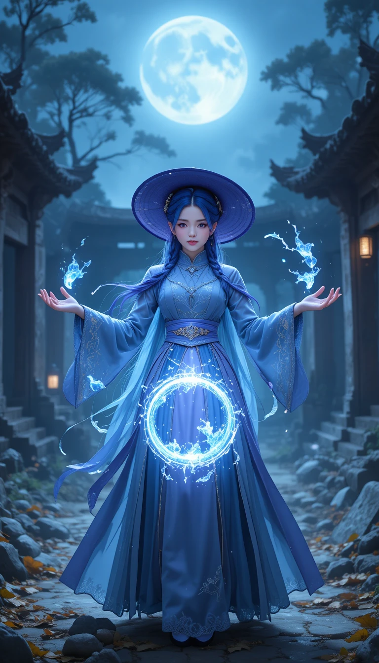 Blue haired girl summoning ice magic in ancient ruins