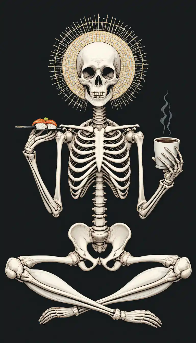 Skeleton with halo holding sushi and coffee cross legged