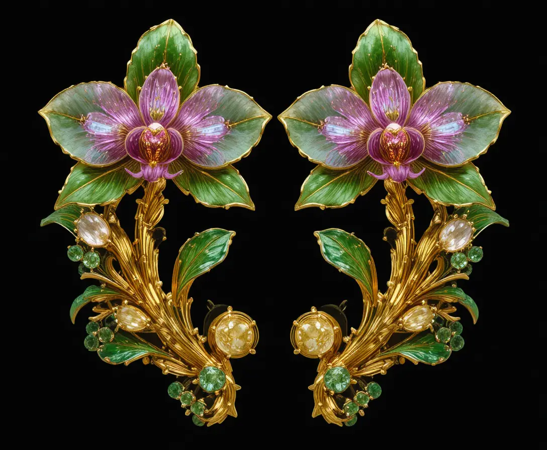 Gold orchid earring with colorful gemstones on black background