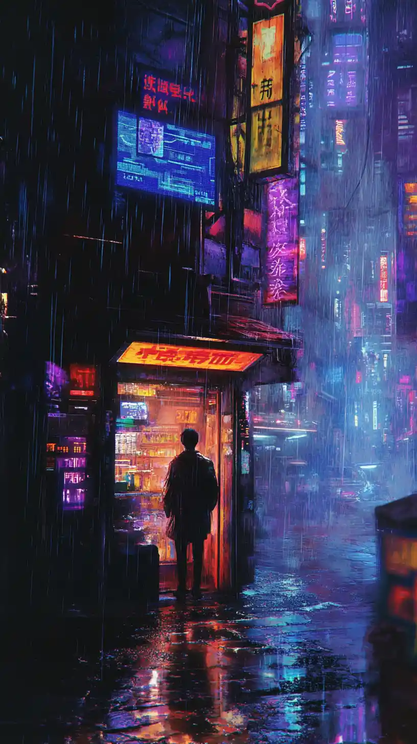 門口中俯瞰雨夜賽博龐克街道的孤獨身影