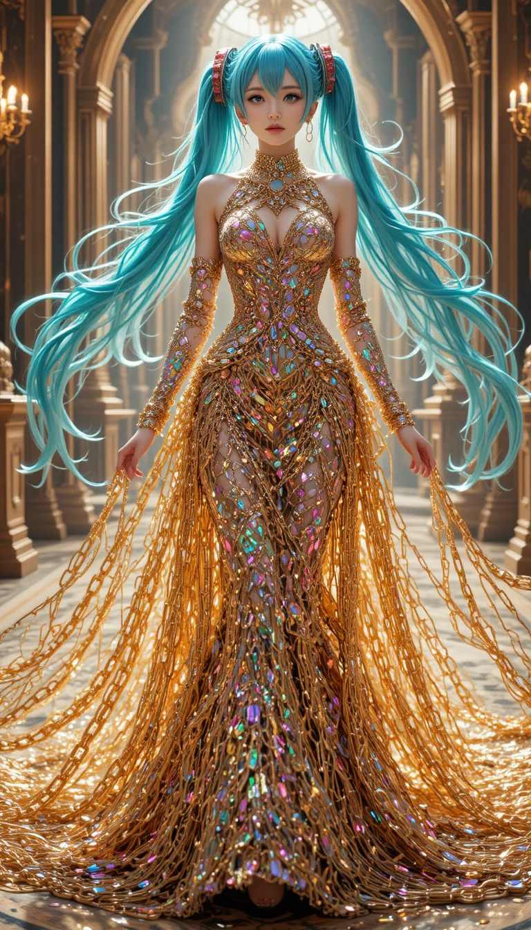 Elegant anime woman in golden chain evening gown
