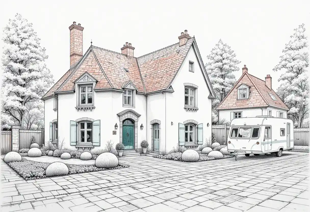 Vue aérienne d’une maison française blanche avec jardin soigné