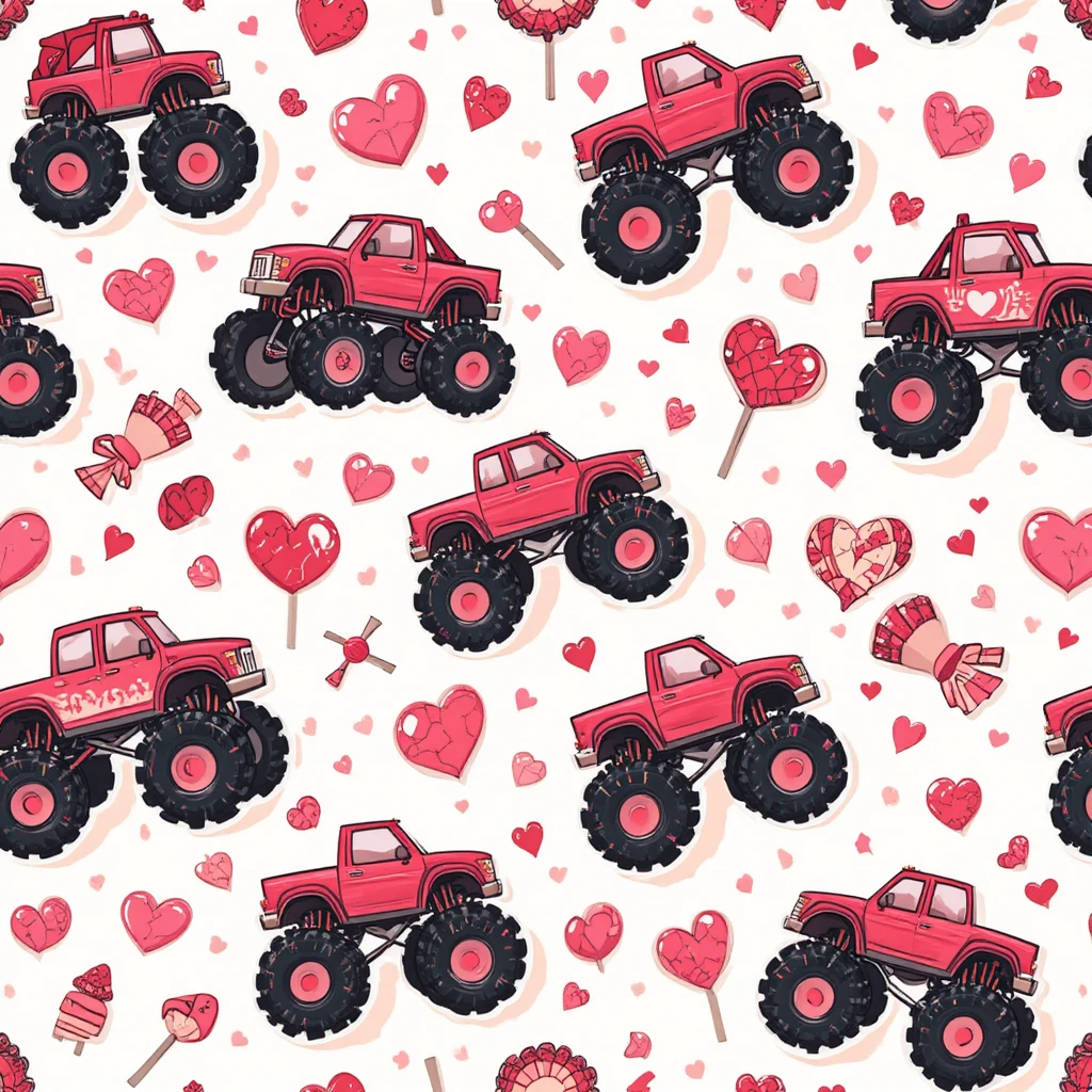 Motivo cartoon senza soluzione di continuità con simpatici monster truck di San Valentino