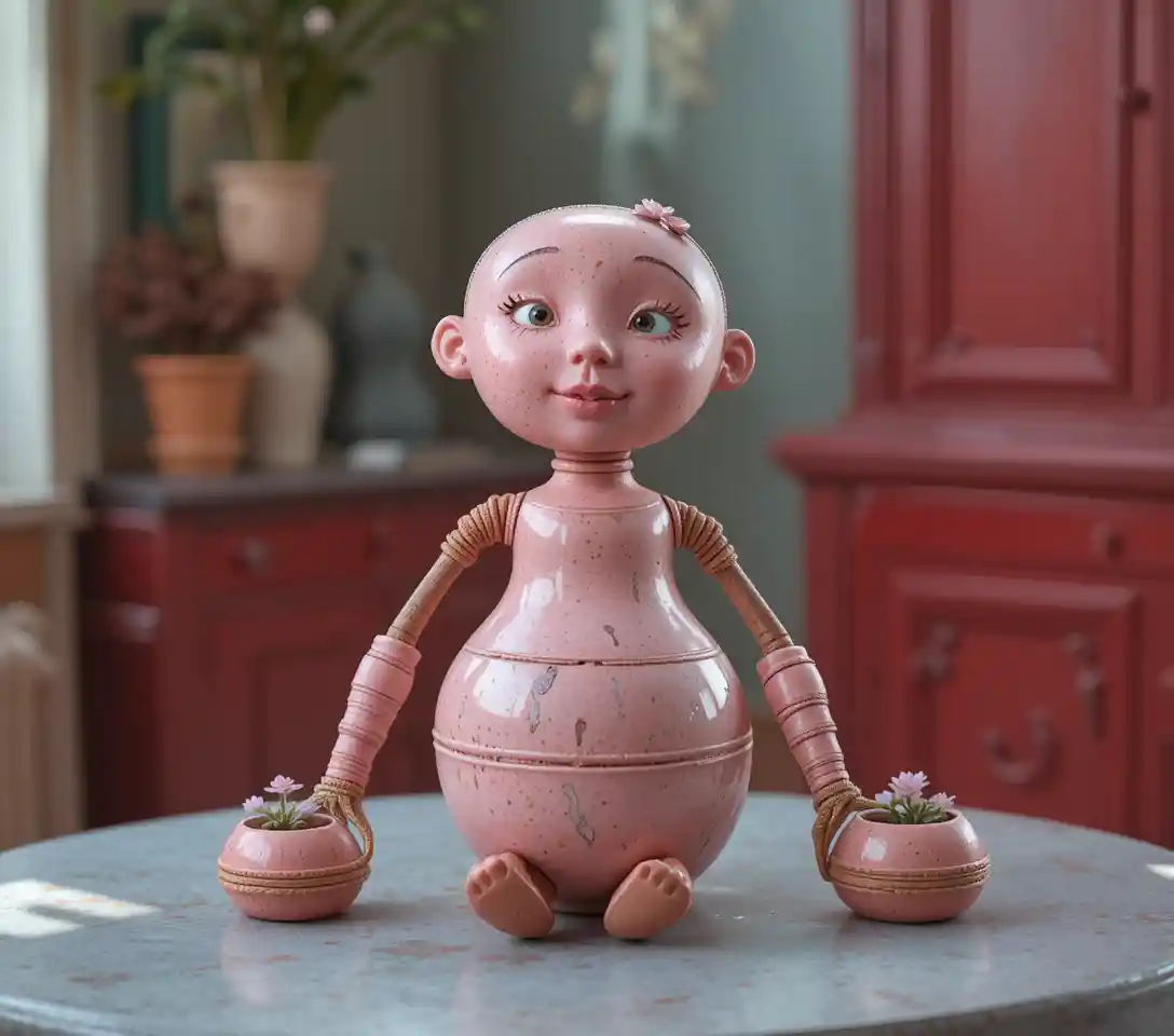 Verspielte Ton-Blumentopf-Figur sitzt auf einem grauen Tisch