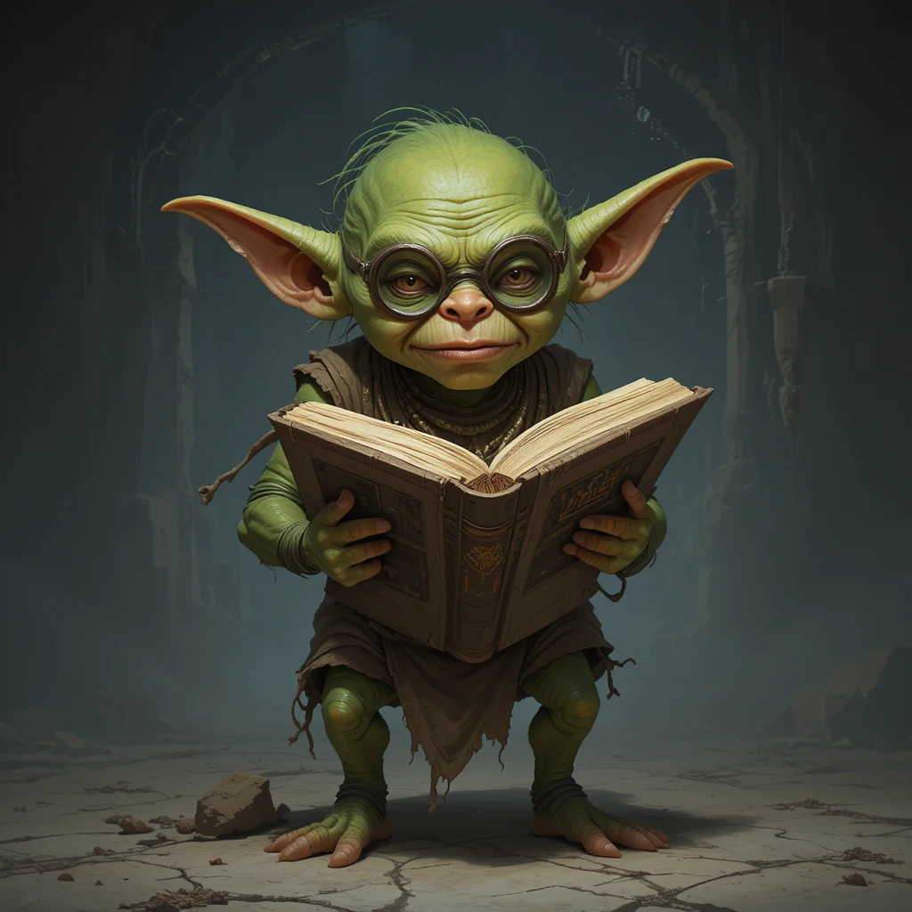 Goblin erudito curioso agarrando um enorme tomo antigo