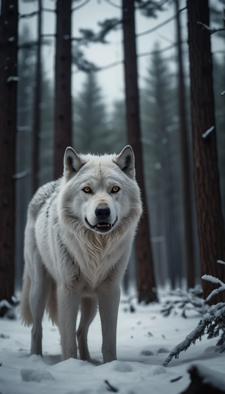 Lobo branco fantasmagórico em uma floresta nevada ao luar