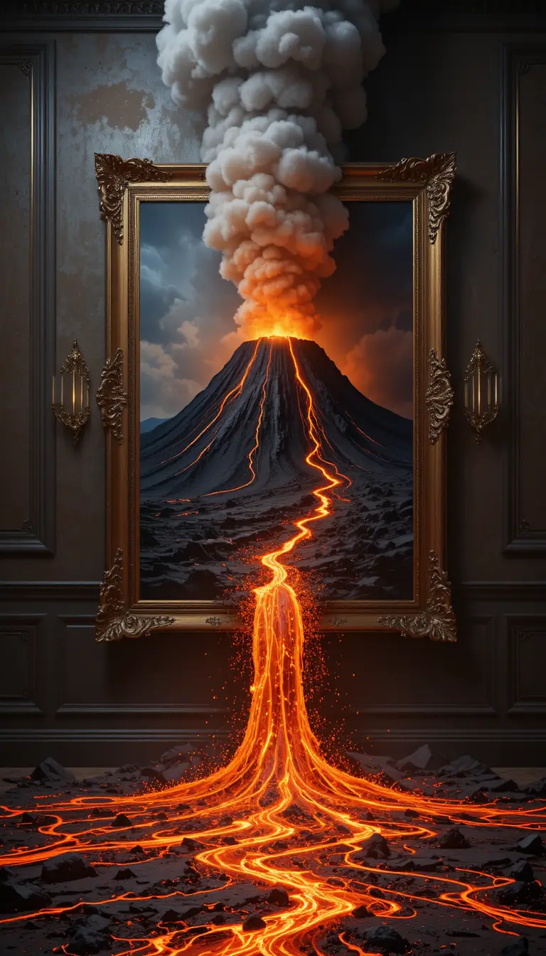 Lava Vulcanica che Erupe da un Quadro Incorniciato sul Muro