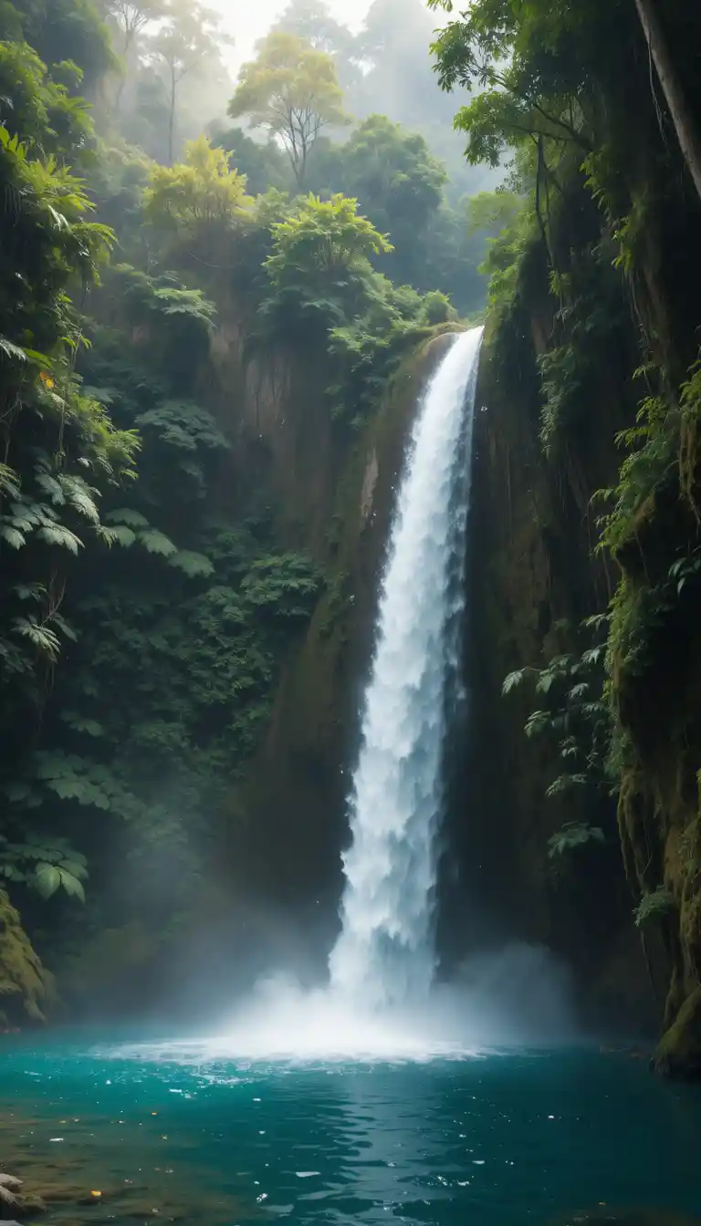Cascata che Si Getta in una Pozza nella Giungla con Arcobaleno Nebbioso