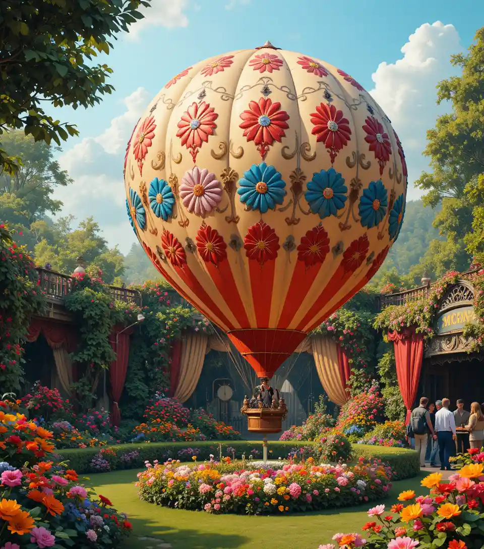 Balão de ar quente retrô sobre um jardim de circo mágico
