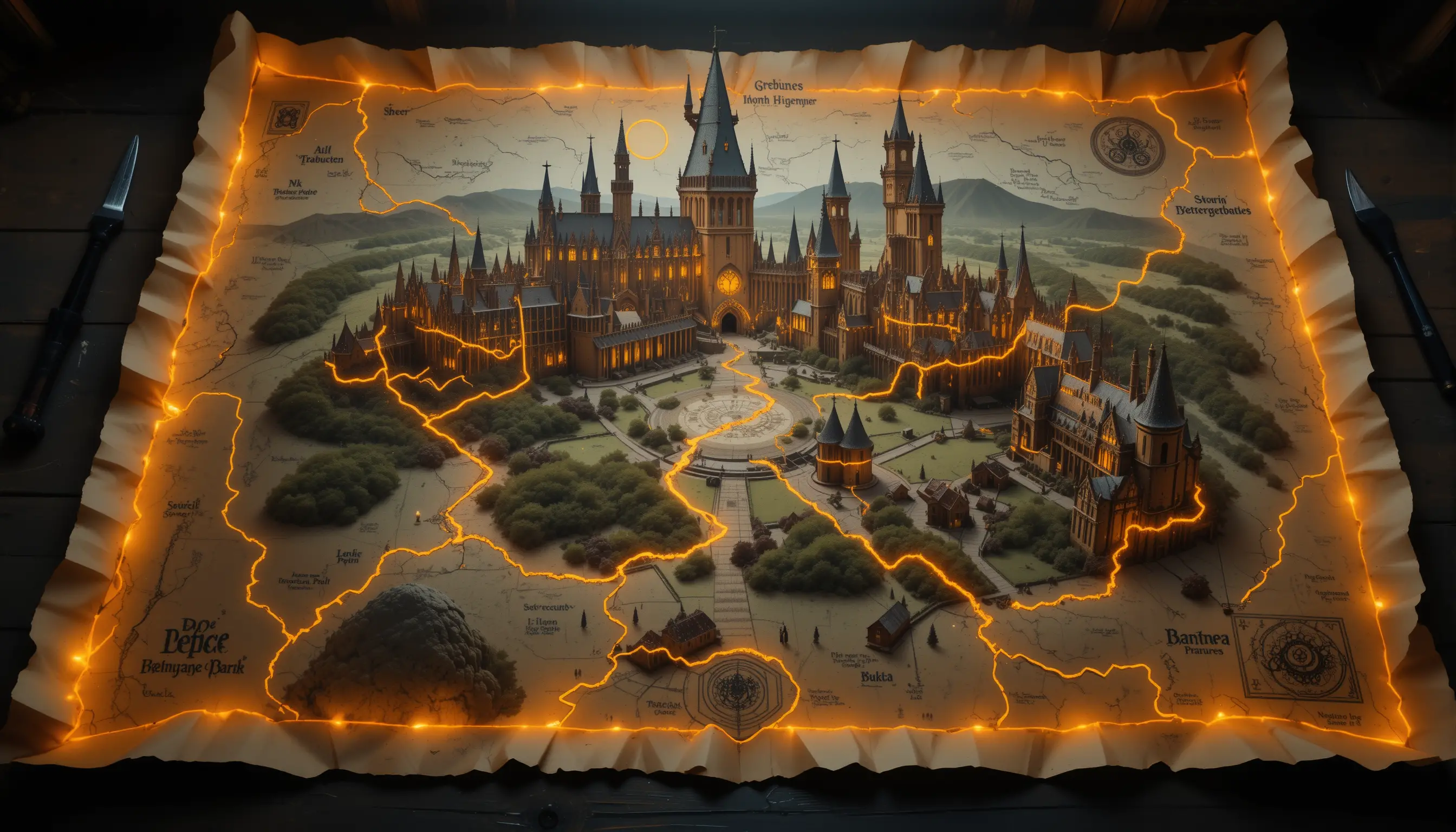 Verzauberte Hogwarts-Karte, die im Schein des Halbmondes leuchtet