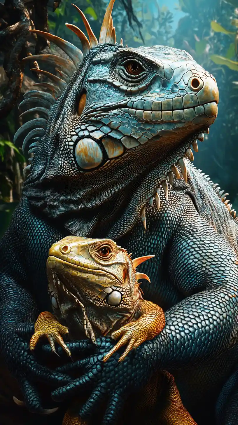 Protective iguana holding a smaller iguana in jungle setting