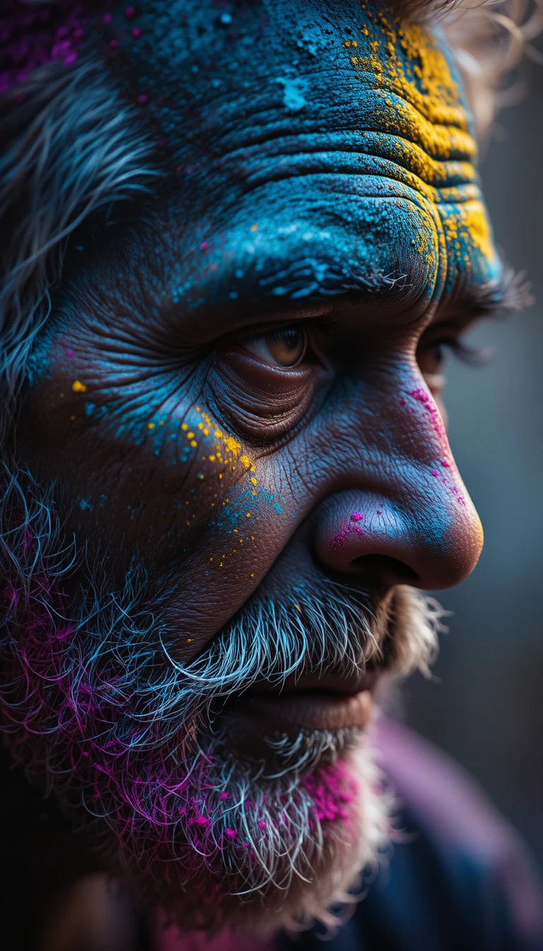 Retrato em close-up de um idoso coberto de pó colorido
