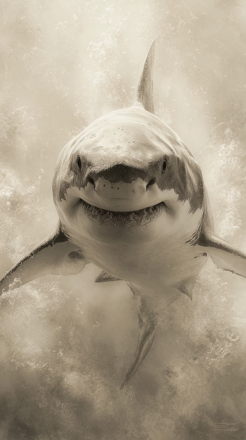 Great white shark charging forward in dark ocean waters