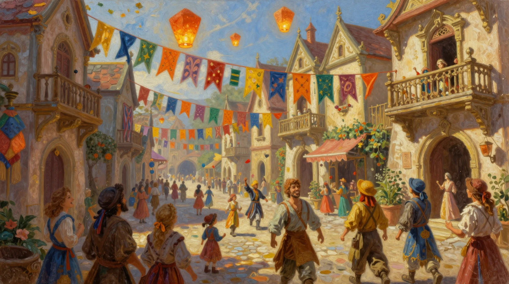 Festival Alegre en una Calle de Ciudad de Fantasía Medieval