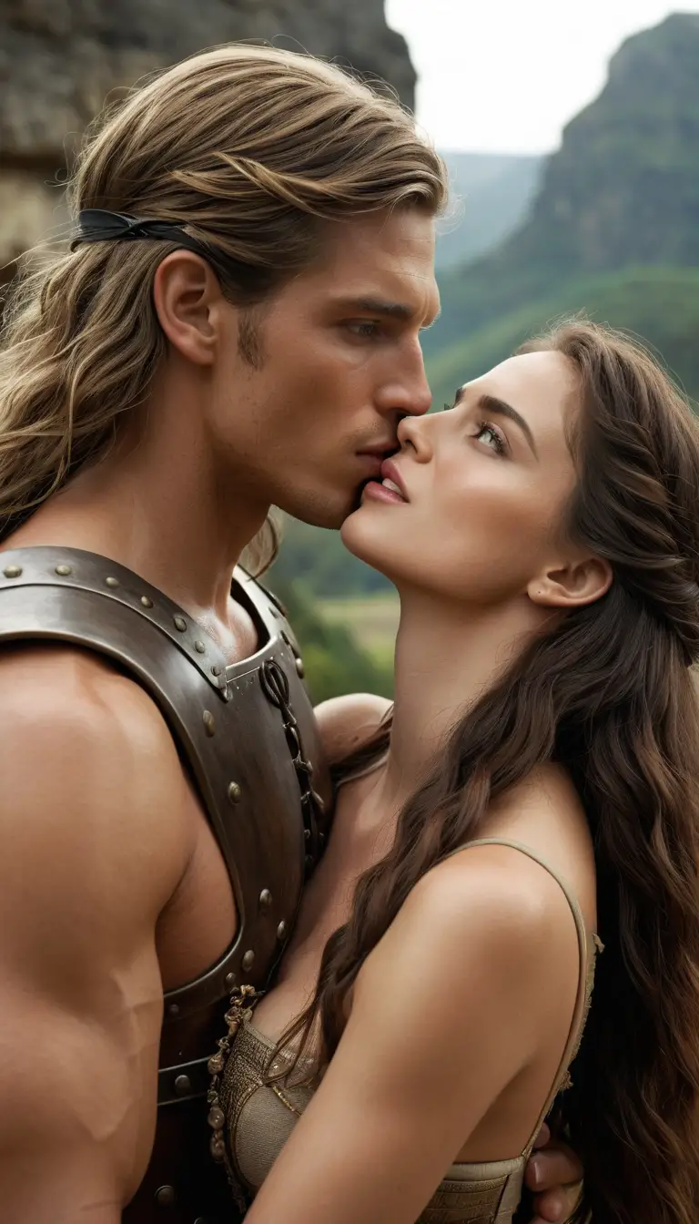 Romantic warrior couple kissing before ancient battle