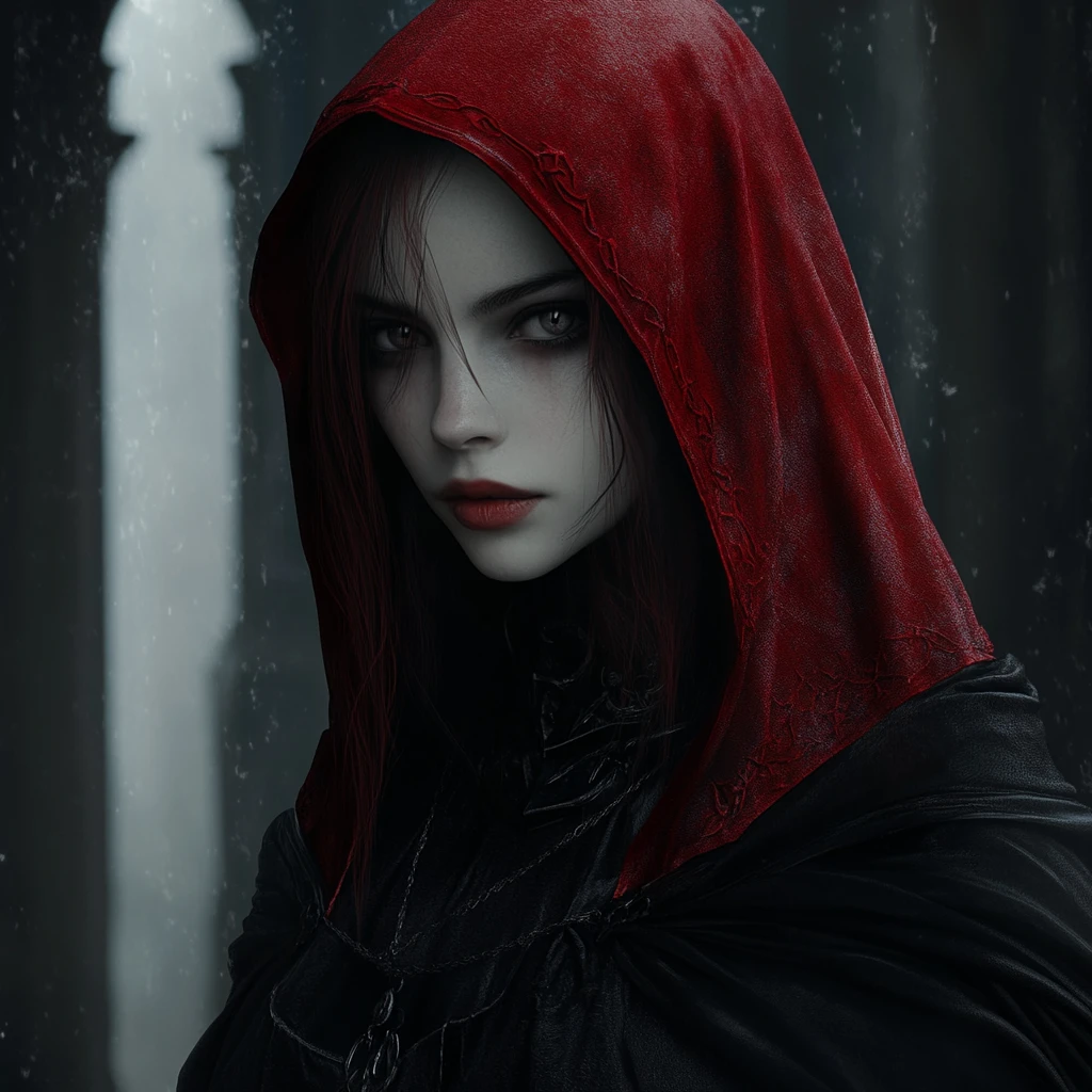 Dark fantasy cleric woman in red hood and black robes