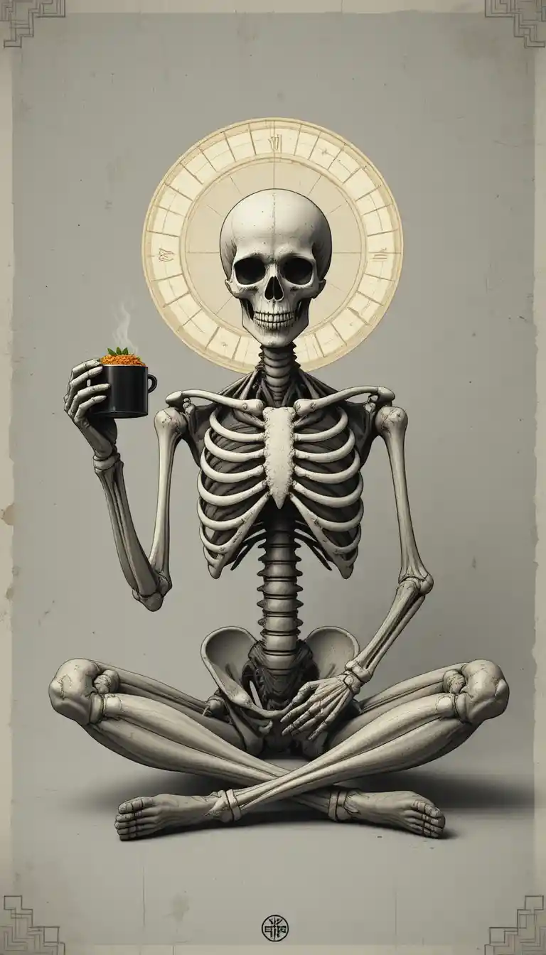 Skeleton with halo eating sushi and drinking coffee