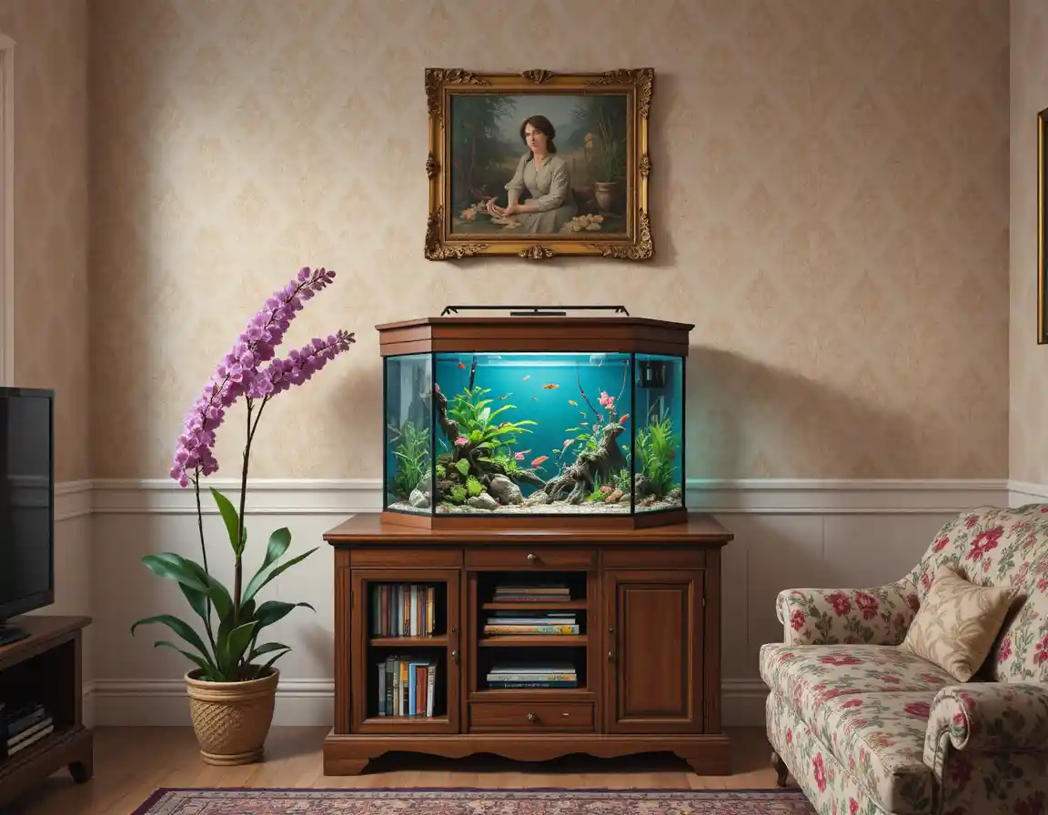 Cozy living room with hexagonal aquarium and floral decor