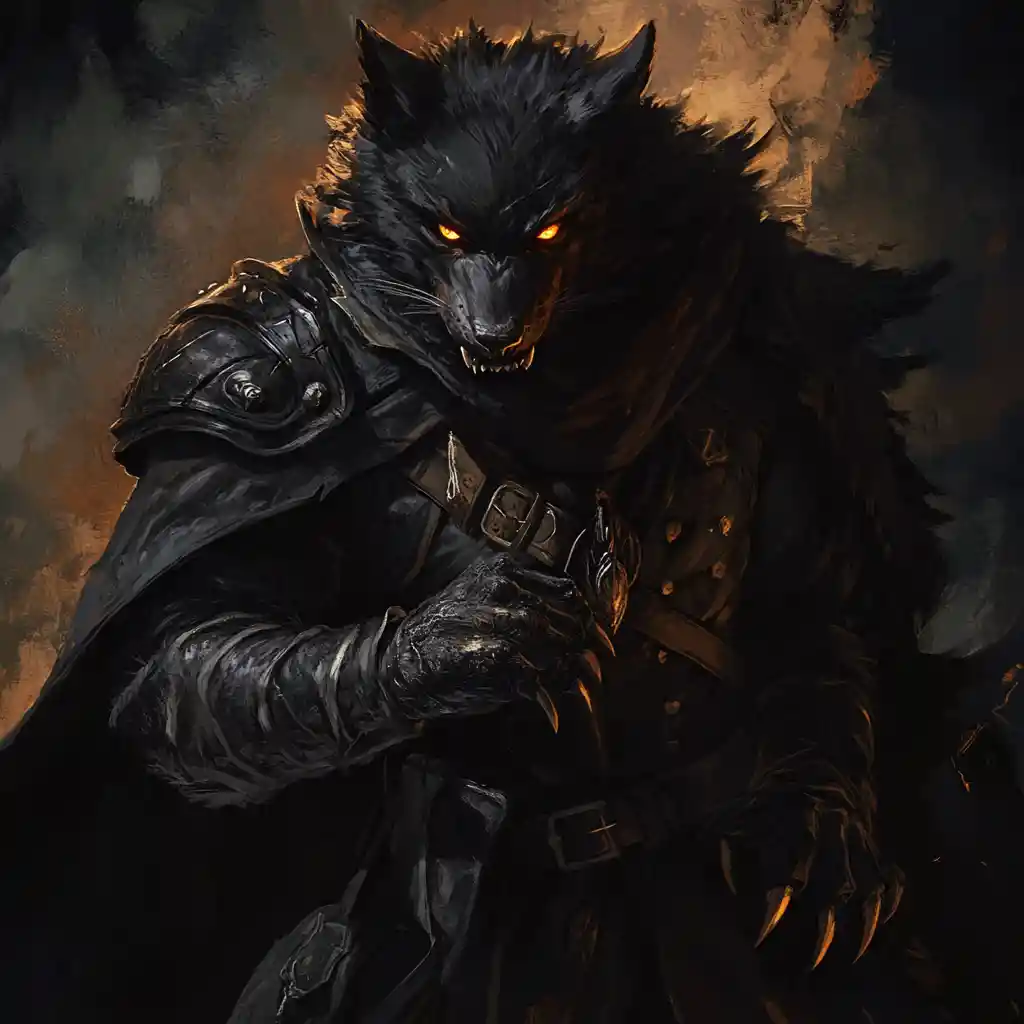 Dunkle Fantasy: Werwolf mit bernsteinfarbenen Augen und scharfen Reißzähnen