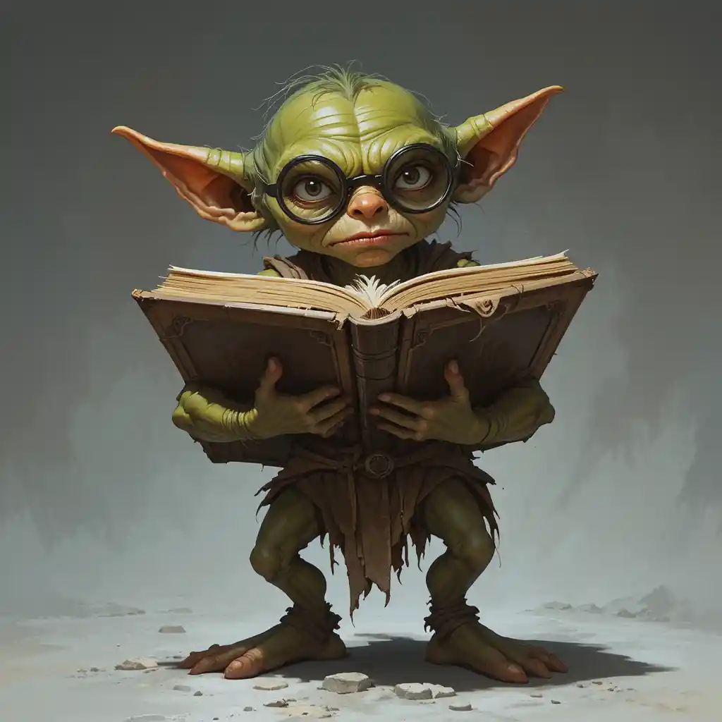 Studioso goblin determinato con enorme libro antico