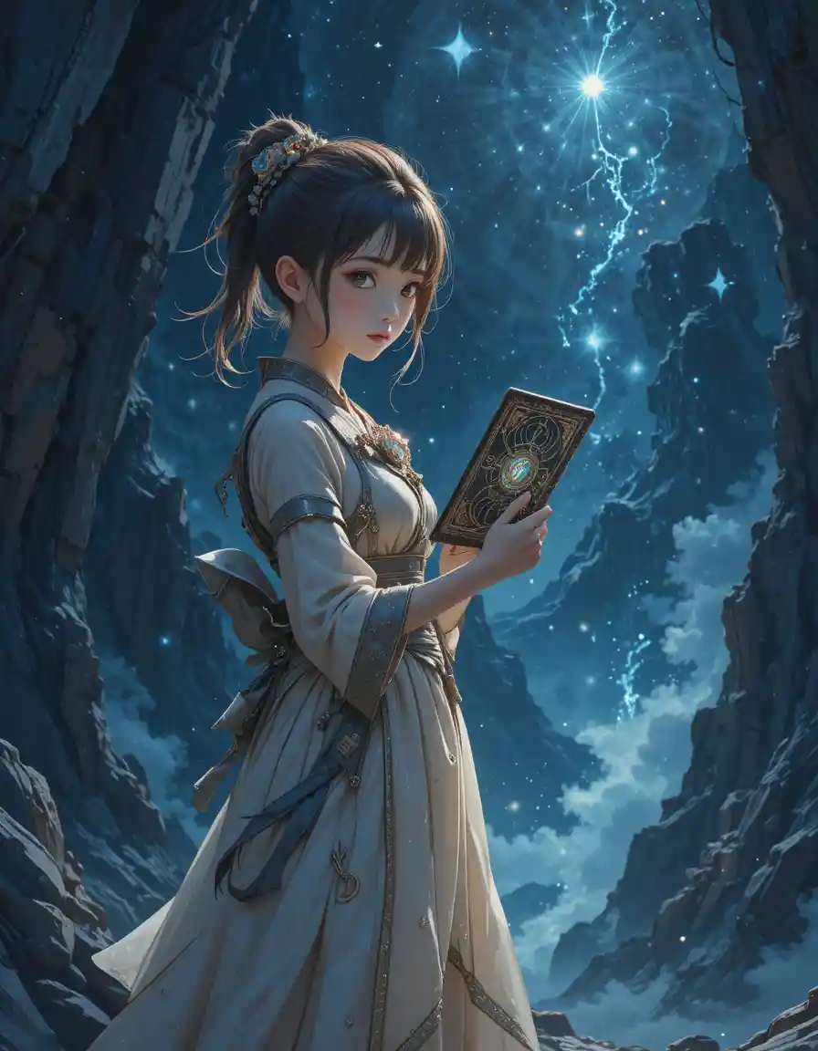 Anime girl holding holographic tablet at cosmic abyss edge