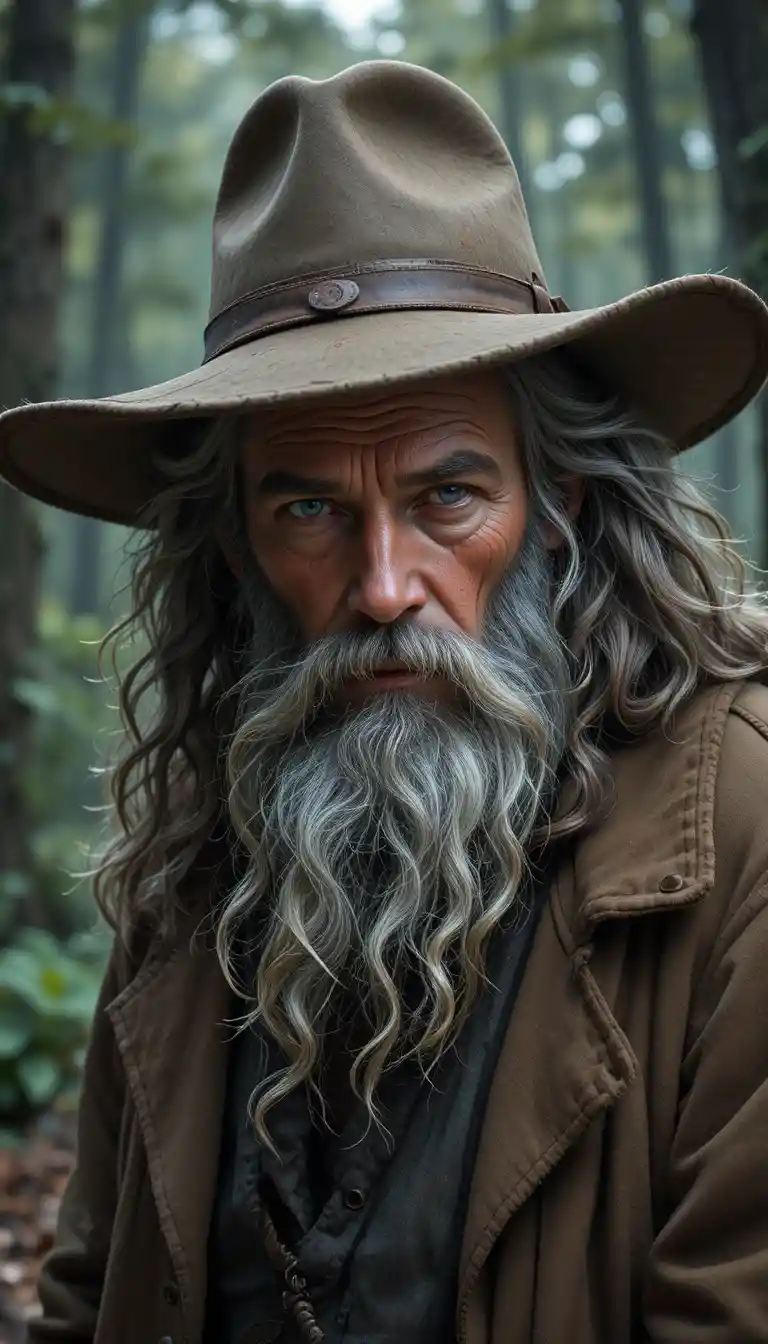 Weathered old man in hat before a blurred forest