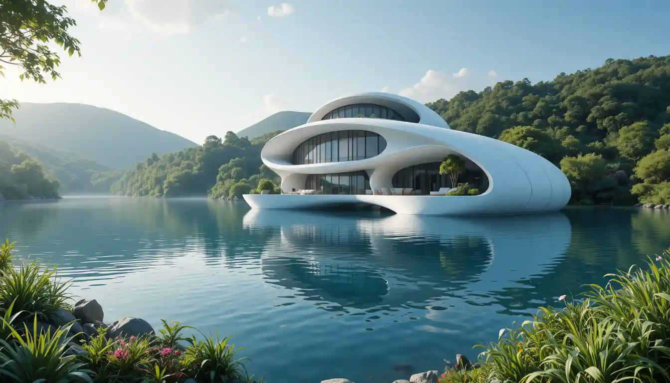 Villa futuristica sospesa sopra un tranquillo lago verde
