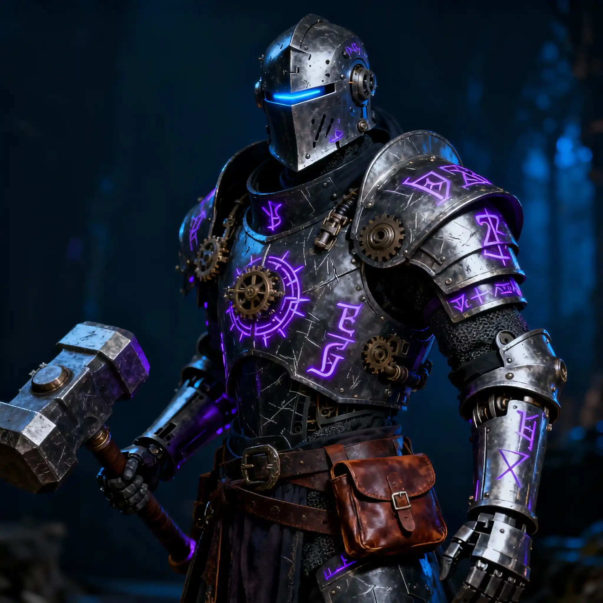 Dunkler Fantasy-Artificer in schwerer magischer Roboter-Rüstung