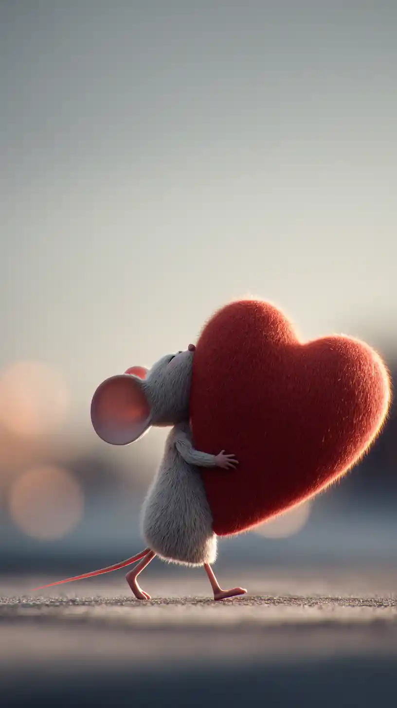 Fillette souris 3D de dessin animé portant un énorme cœur rouge