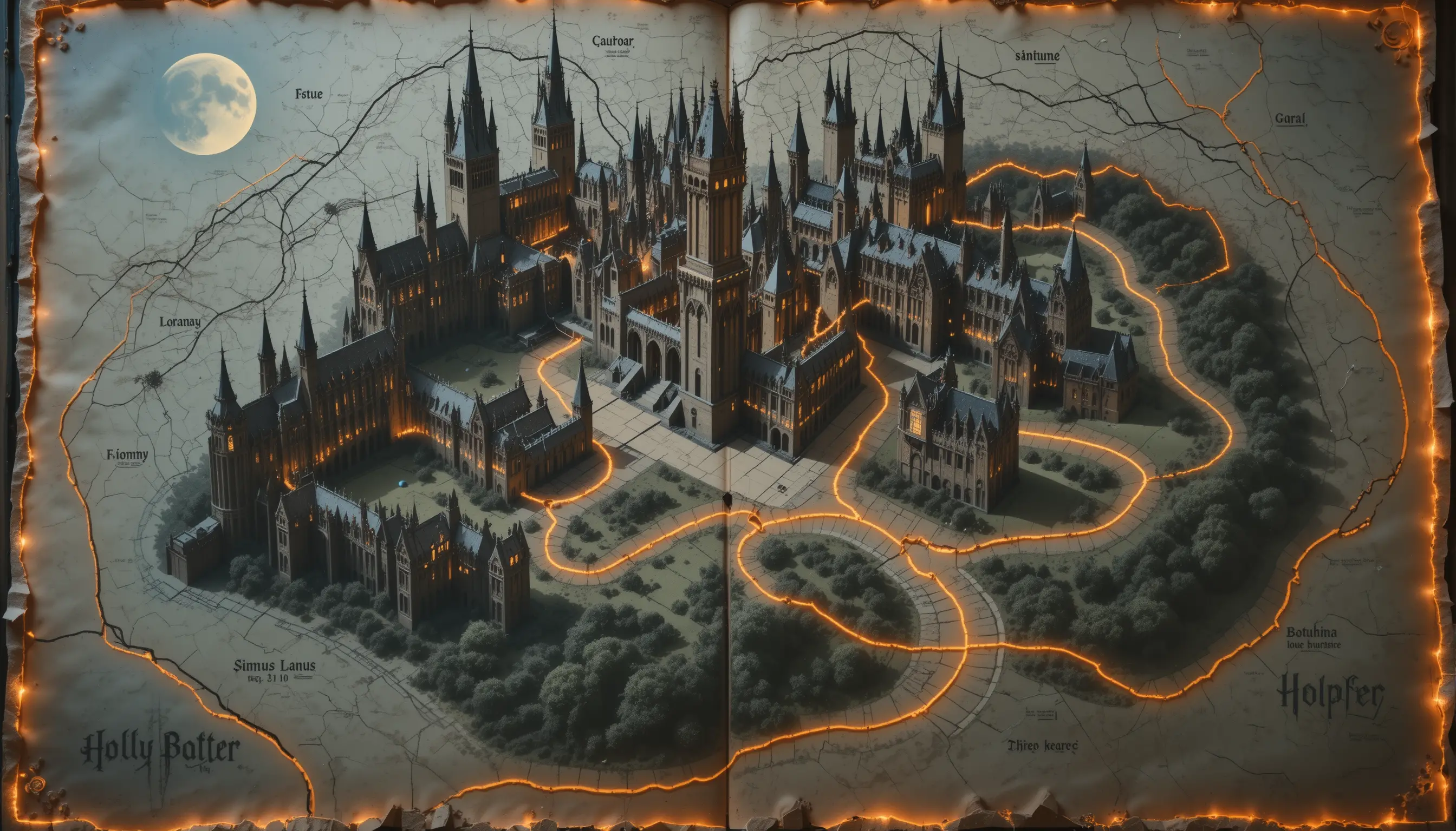 Verzauberte mondbeschienene Karte eines magischen Hogwarts-Campus