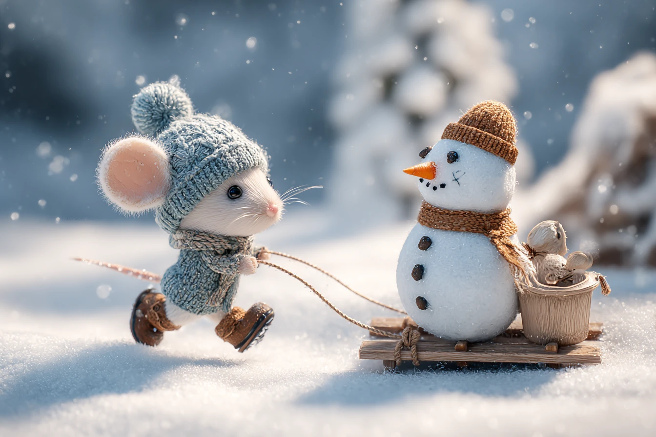 Ratinho fofo puxando um boneco de neve em um trenó na floresta de inverno