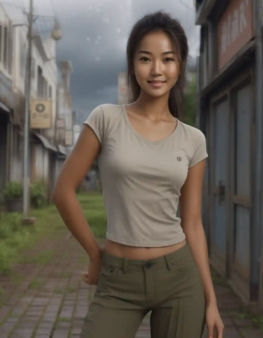 Smiling woman standing in a field on a cloudy day